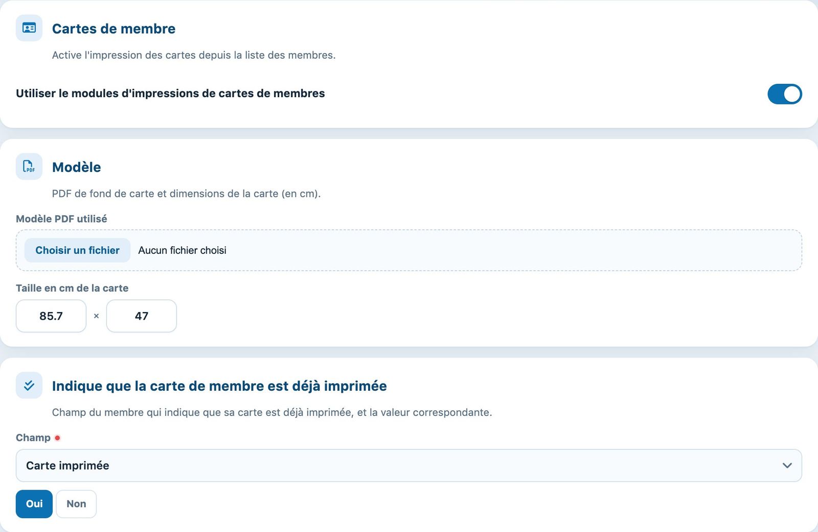 Module activé, modèle PDF et champ carte imprimée