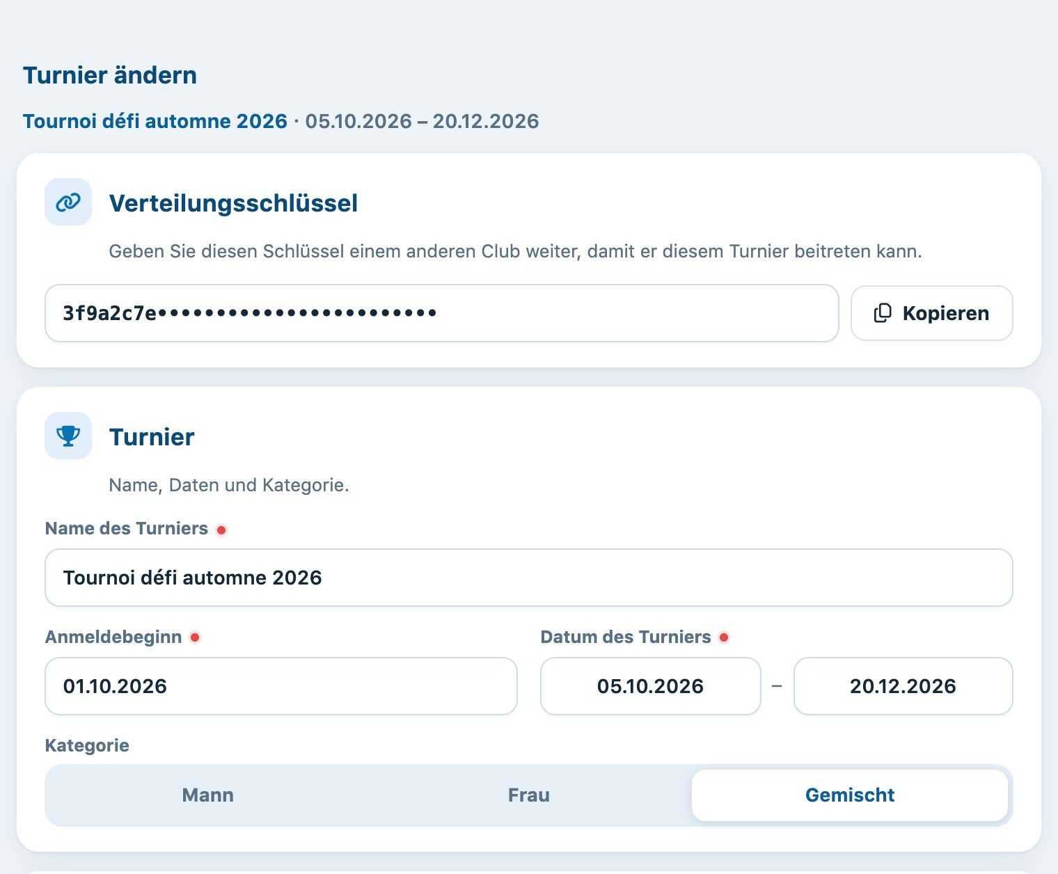 Bereich Turnier ändern mit dem Verteilungsschlüssel