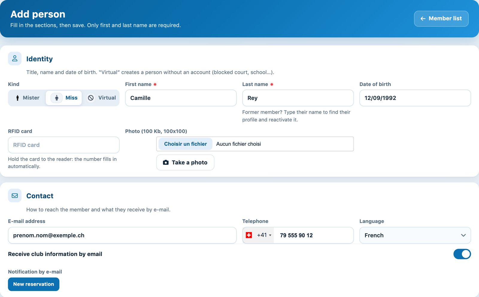 The Identity and Contact sections of the form