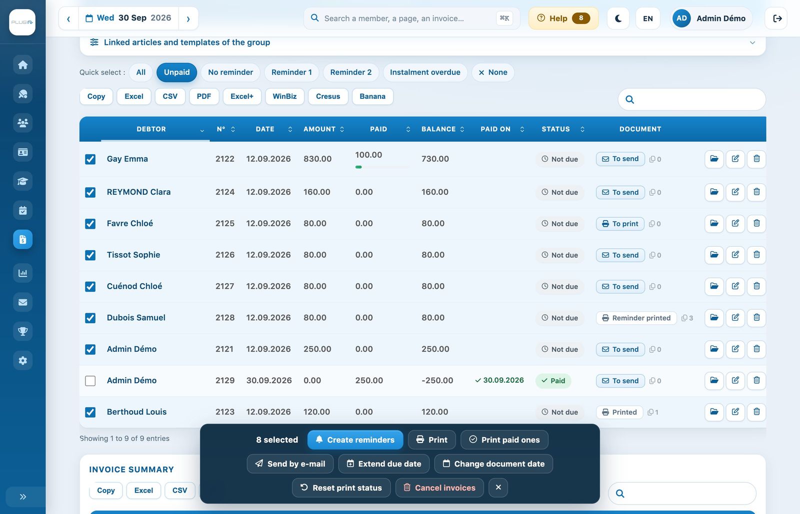 The selection bar with “Cancel invoices”