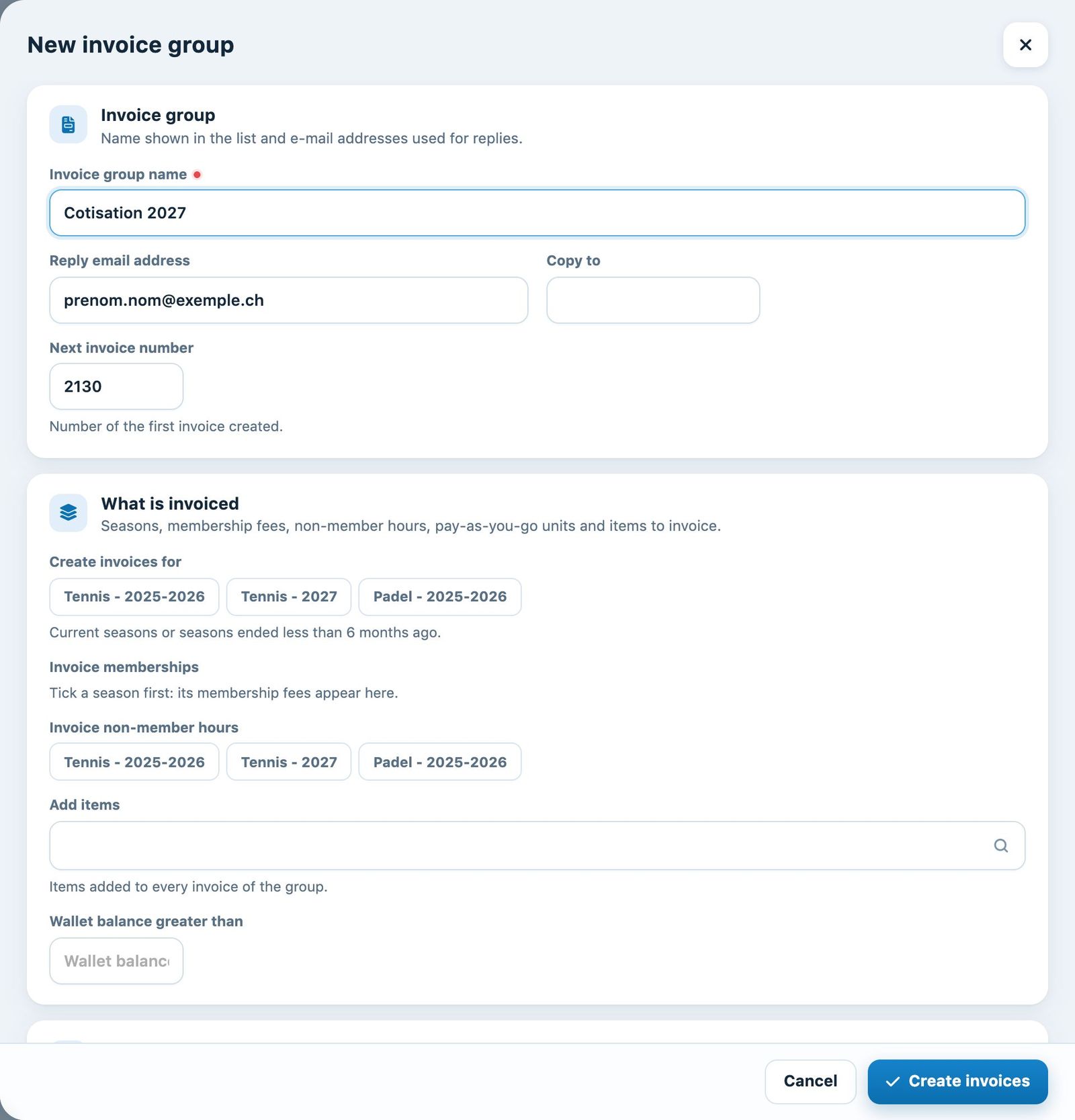 The “New invoice group” panel