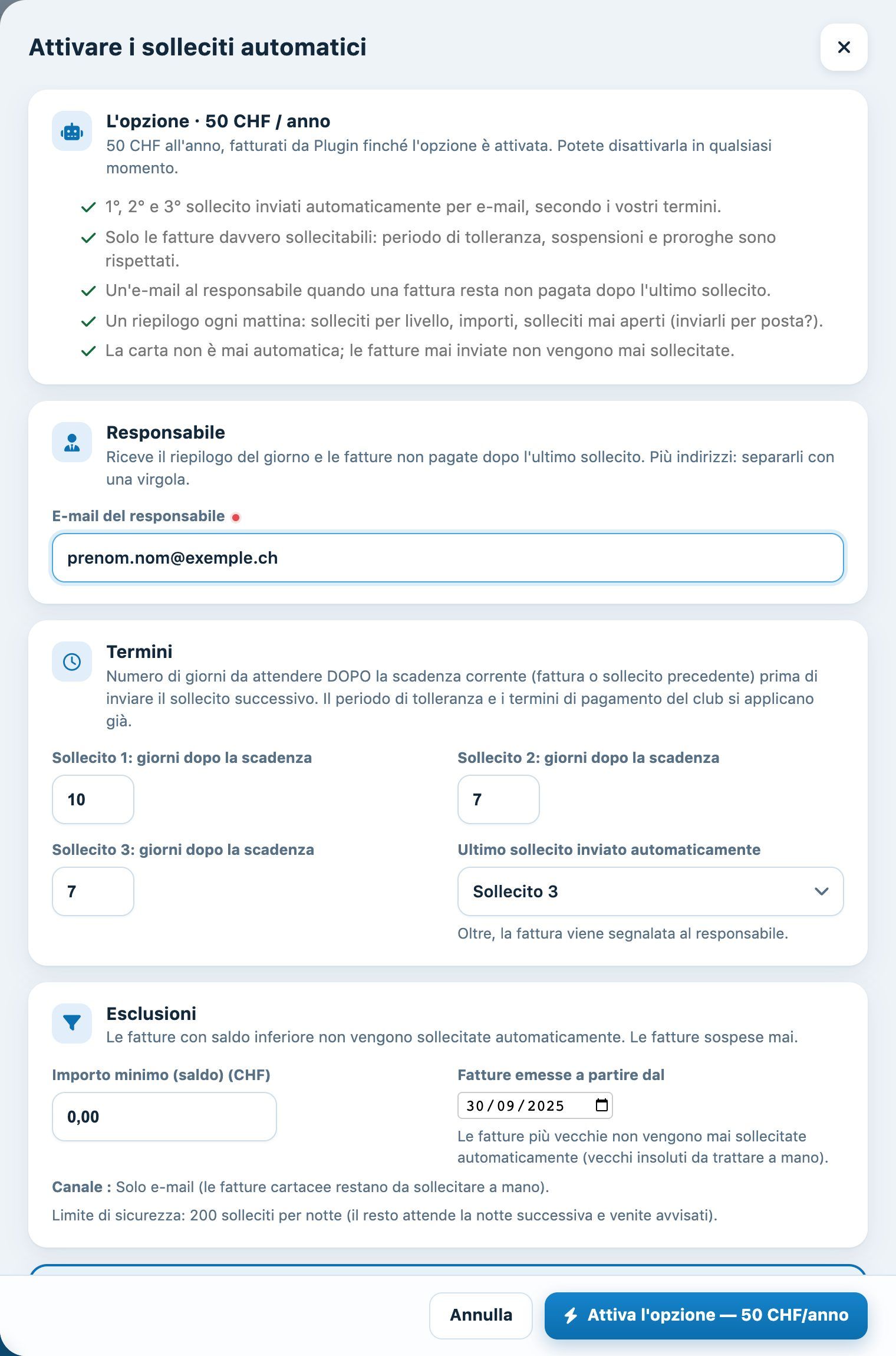 Il pannello di attivazione dei solleciti automatici