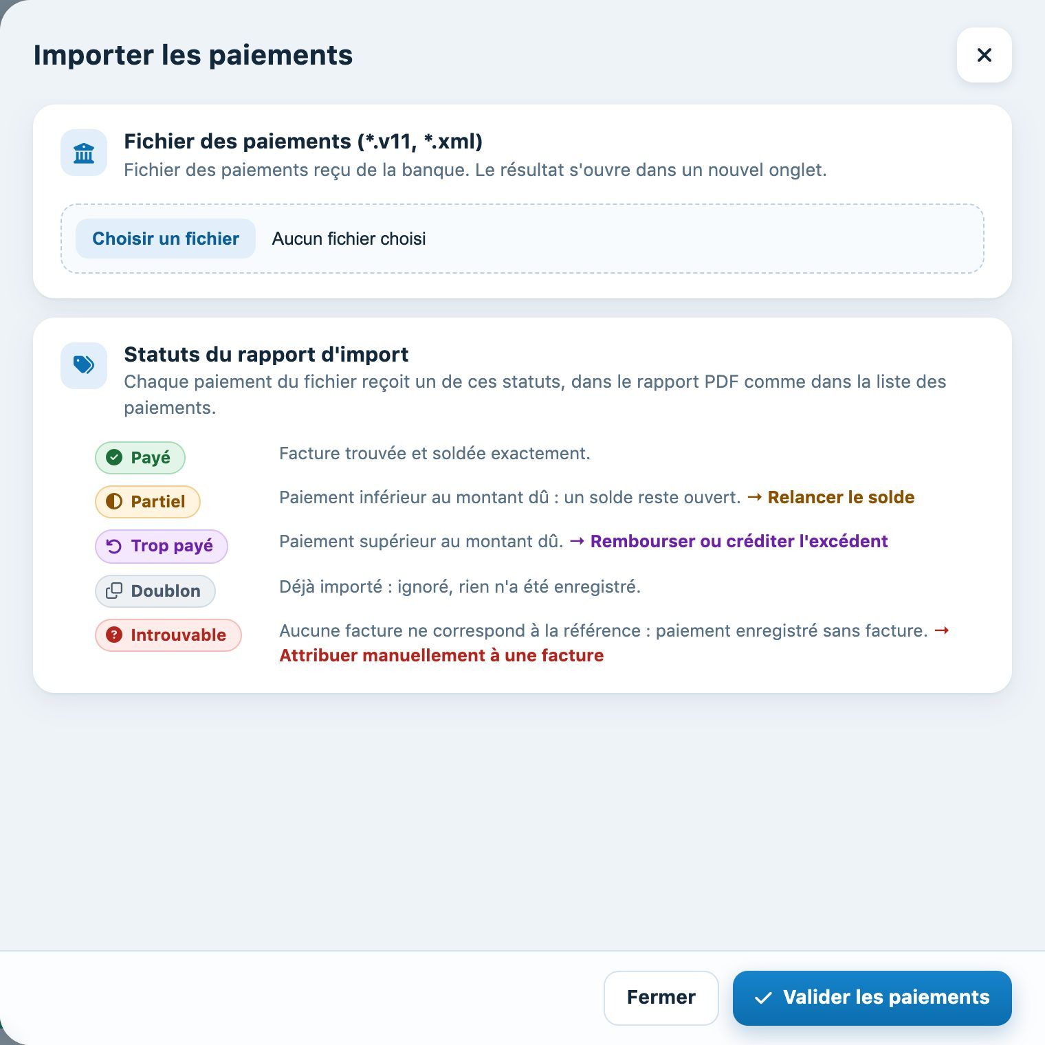 Le panneau « Importer les paiements » et la légende des statuts