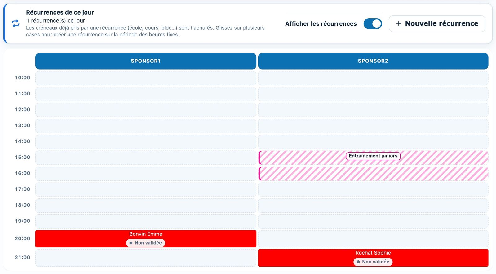 Grille des heures fixes du mercredi avec une récurrence hachurée