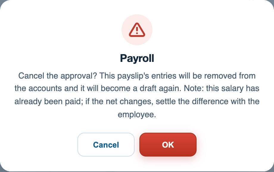 Confirmation: cancelling the approval removes the payslip's entries from the accounts